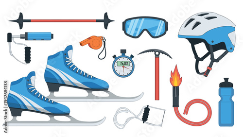 Winter sports equipment collection featuring skates, helmet, and goggles