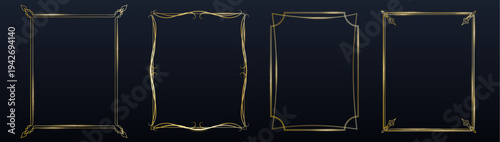 Elegant gold thin line frames realistic vector isolated on black background. Luxury golden border, art deco design, premium labels, vintage decorations, or modern ornamental elements