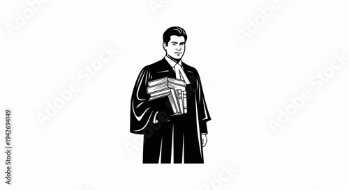 A man in a black robe and white neckwear holds a stack of books