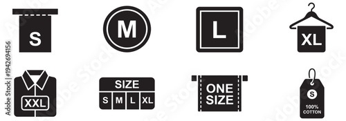 Clothing Size and Care Labels Icon Set. Solid Vector Illustration of Tags for S, M, L, XL, XXL, and Fabric Type.