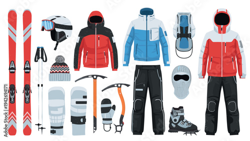 Winter sports gear collection featuring ski equipment and snowboard clothing