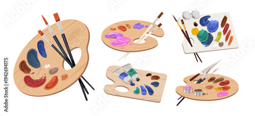 Paint palette and brushes set. Strokes of dye, splash with different colors and paintbrushes. Art and creativity. Painting supplies, tools. Flat isolated vector illustrations on white background