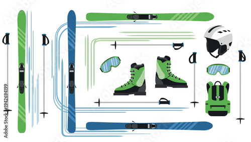 Winter sports gear collection featuring modern ski equipment and accessories