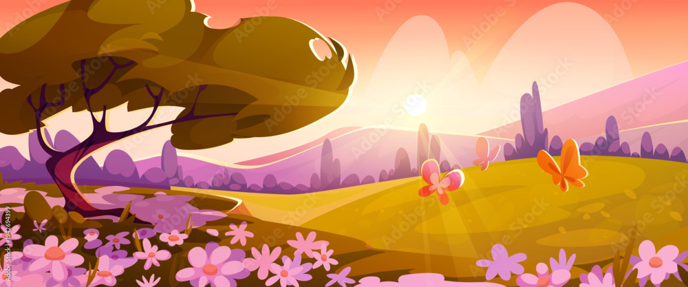 Fototapeta premium Spring morning meadow landscape with blooming flowers, forest hills, and flying butterflies, cartoon vector background. Mountains valley with daisies, orange sky, fluffy clouds and golden sunbeams