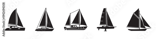 Sailboat and yacht silhouette icons set for maritime and travel design vector illustration