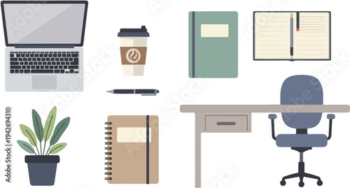 A flat-design illustration of a desk setup with a laptop, coffee, and plant