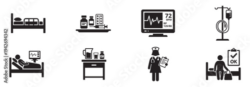 Medical and hospital patient care icons set for health and clinic design vector illustration