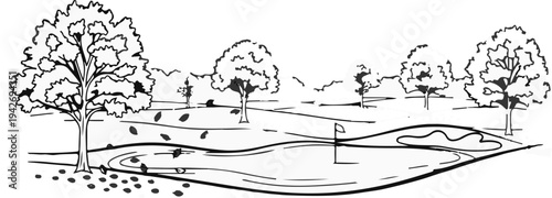 A serene, hand-drawn landscape depicts a golf course with trees, a flag, and undulating terrain
