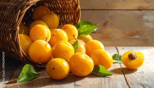 A rustic still life reveals a woven basket overflowing with glistening yellow fruit and vibrant green leaves on a wooden surface