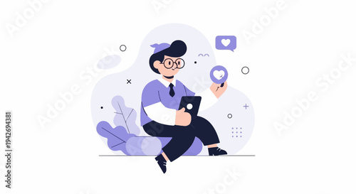 A person sits in a stylized setting, engaging with a digital device and a heart symbol