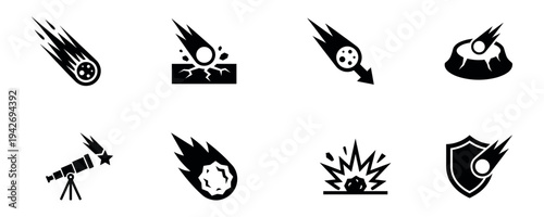 Meteor and asteroid impact icons set for space and astronomy design vector illustration
