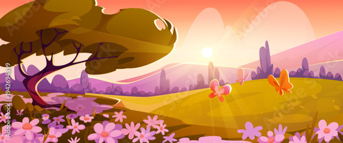 Spring morning meadow landscape with blooming flowers, forest hills, and flying butterflies, cartoon vector background. Mountains valley with daisies, orange sky, fluffy clouds and golden sunbeams