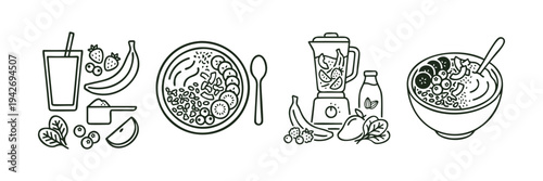 Healthy Breakfast and Smoothie Bowl Line Art Illustrations
