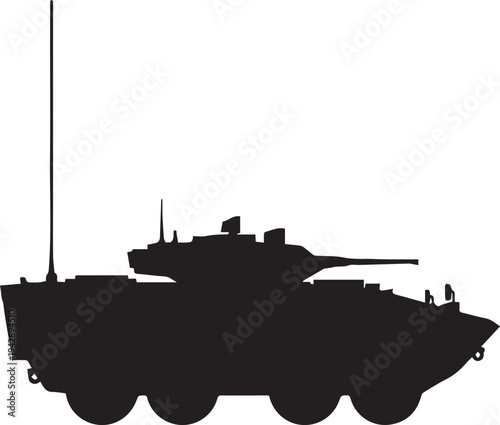 Military armored vehicle vector silhouette illustration with long antenna and weapon turret