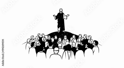 A man in dark robes stands on a hill, addressing a large group of people