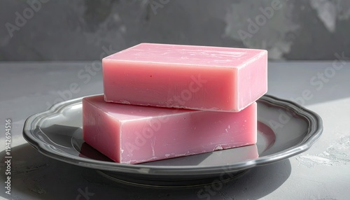 Two pink rectangular bars of soap stacked on a decorative silver plate