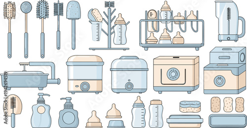 Baby Bottle Cleaning and Sterilizing Equipment Icon Set with Brushes Drying Rack Sterilizer Basin Soap Dispenser Sponges and Feeding Bottle Accessories Vector Collection