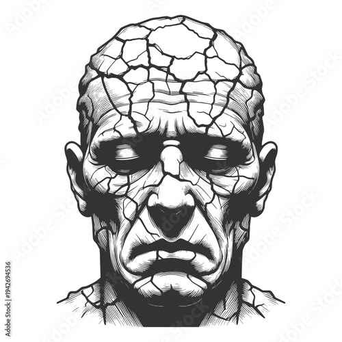 human head with cracked surface like broken stone, psychological stress, trauma, mental health struggles, and emotional damage sketch engraving vector illustration. Black and white image
