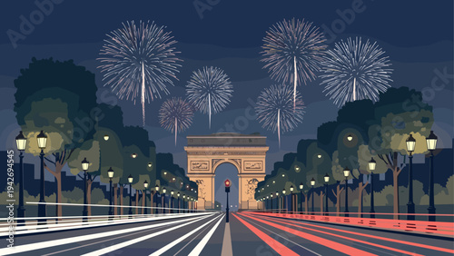 Nighttime celebration with fireworks over famous landmark in paris