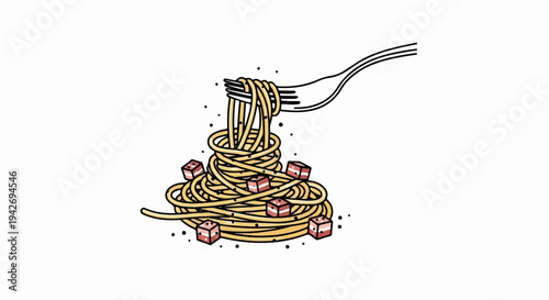 A fork lifts a swirl of spaghetti topped with cubes of bacon