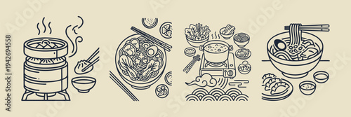 Asian Cuisine Line Art Illustrations of Ramen Dim Sum and Hot Pot