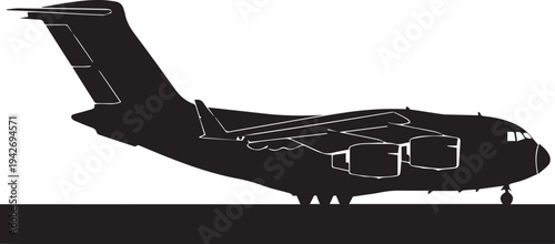 Military cargo airplane vector silhouette illustration, line art transport aircraft icon