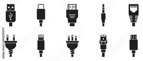 Electronics Connection Cables and Plugs Hardware Icons Set