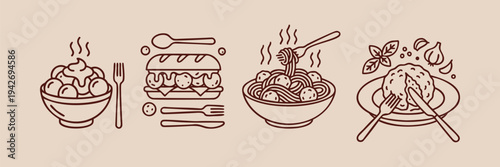 Comfort Food and Meat Dishes Line Art Illustrations