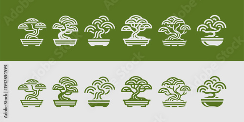 Japanese Bonsai Tree Miniature Collection Monoline Vector Art