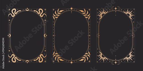 Mystical tarot card frames set with celestial moon and stars isolated on black background. Vector illustration of vintage golden border with sun and snake ornaments, esoteric symbols, spiritual design