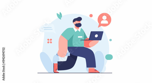 A man walks with a laptop and a water bottle, surrounded by abstract shapes