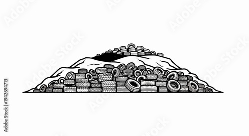 A large pile of used tires forms a textured mound against a white background