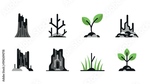Flat nature icons: young plants, stumps, growth elements collection