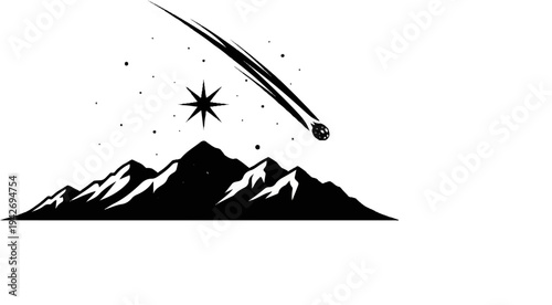 A shooting star streaks across a starry night sky above jagged mountains