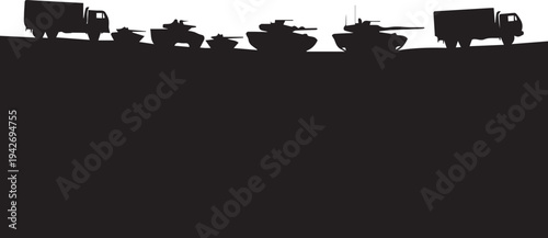 Military vehicles silhouette illustration with trucks and tanks for army