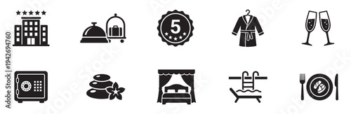 5-star hotel and luxury service icon set. Hospitality, spa and travel symbols.