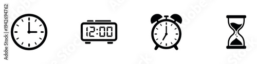Time and clock icons set. Alarm, digital watch, analog clock and hourglass symbols