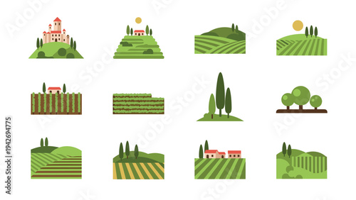 Scenic tuscany landscapes featuring vineyards and rolling hills in minimalist style