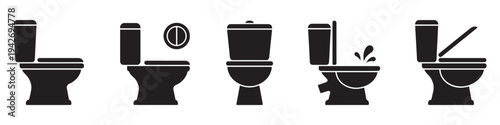 Toilet bowl and plumbing icons set. Bathroom sanitary equipment symbols.