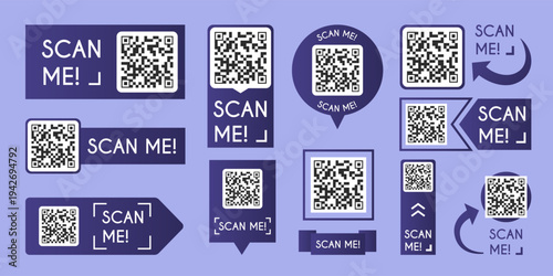 QR code scanner icons set isolated on background. Vector realistic set of smartphone screen and scan me frames with digital barcode for mobile payment, product verification, modern business technology