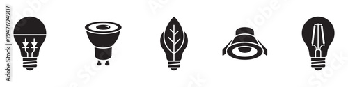 Light bulbs and lighting technology icon set. Flat black icons of LED, spotlight, eco leaf bulb, recessed light and filament lamp.