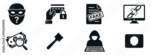 Cybercrime and online fraud icon set. Flat black icons of hacker, identity theft, fake documents, broken link, money laundering and phishing.