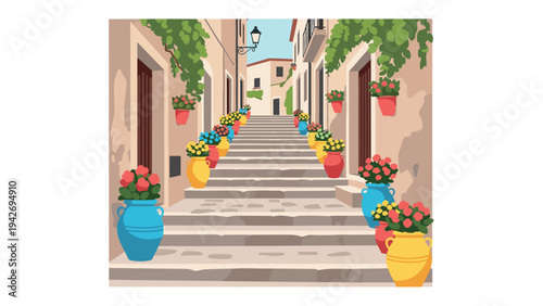 Charming mediterranean alleyway with vibrant floral pots