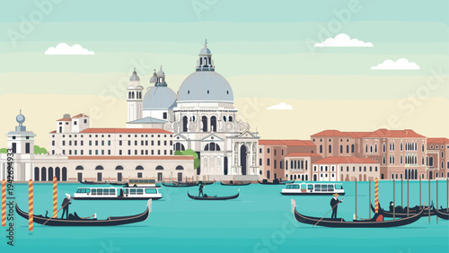 Venice italy cityscape with gondolas and basilica di santa maria della salute in flat design