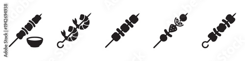 Shish kebab and BBQ skewers icon set. Flat black icons of grilled meat, shrimp, vegetables, fruit skewers and dipping bowl.