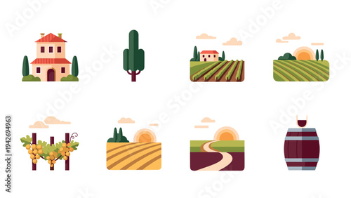Charming countryside icons collection featuring vineyards and farms