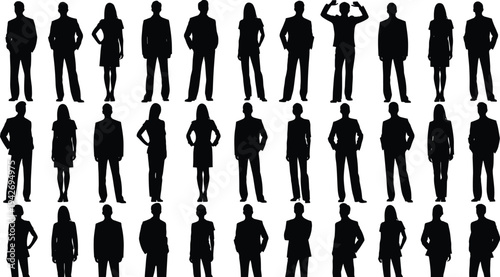 Black, silhouettes, of, three, heavy, metal, guitarists, with, electric, guitars, on, white, background, music, performance, rock, band, concert, vector, illustration.