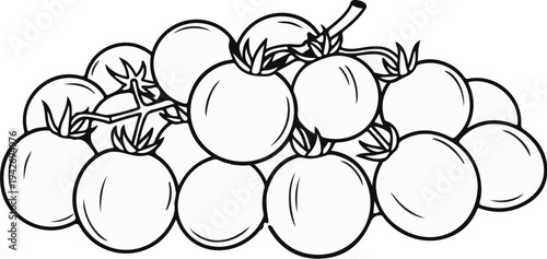 A simple black and white illustration of a cluster of tomatoes on the vine