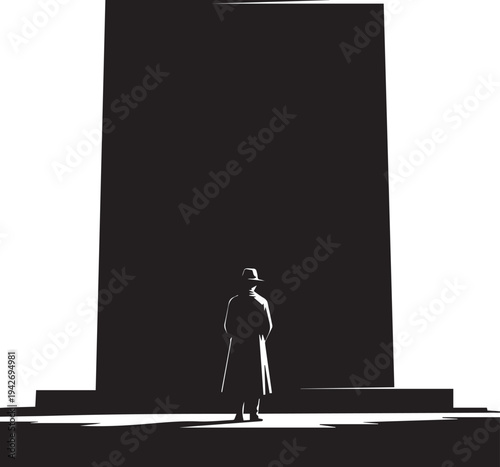 Vector illustration silhouette of man in trench coat, standing before large dark panel, mystery and intrigue, isolated