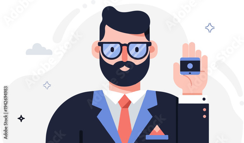 A man with glasses and beard holds up a small device